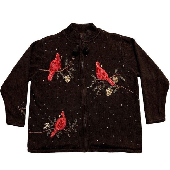 Vintage Quacker Factory Holiday Y2K 90s Redbird EmbroideredBeaded Zip Cardigan L - Picture 1 of 7